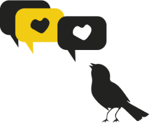 Illustratie van een zwarte vogel met gele en zwarte praatwolkjes die uit zijn snavel komen.