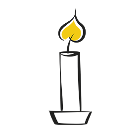 Lijn illustratie van een brandende kaars in een houder met de gele vlam uit het logo